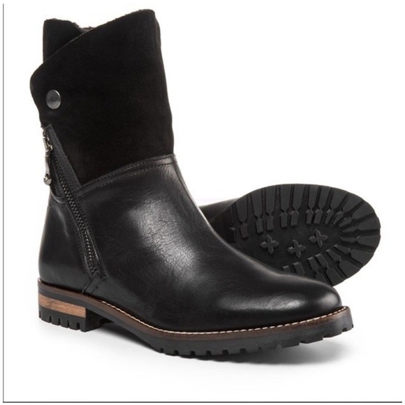 Fabianelli Black Leather Suede Shearling Lined‎ Moto Boots Women Size 8